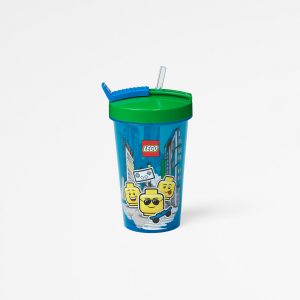 Lego tumbler with straw, drinking, plastic, children, food, happy, green