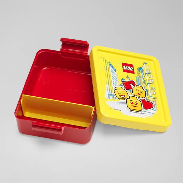 lego lunch box, girl, classic, joy, yellow, happy, fruit, snack, full, plastic,